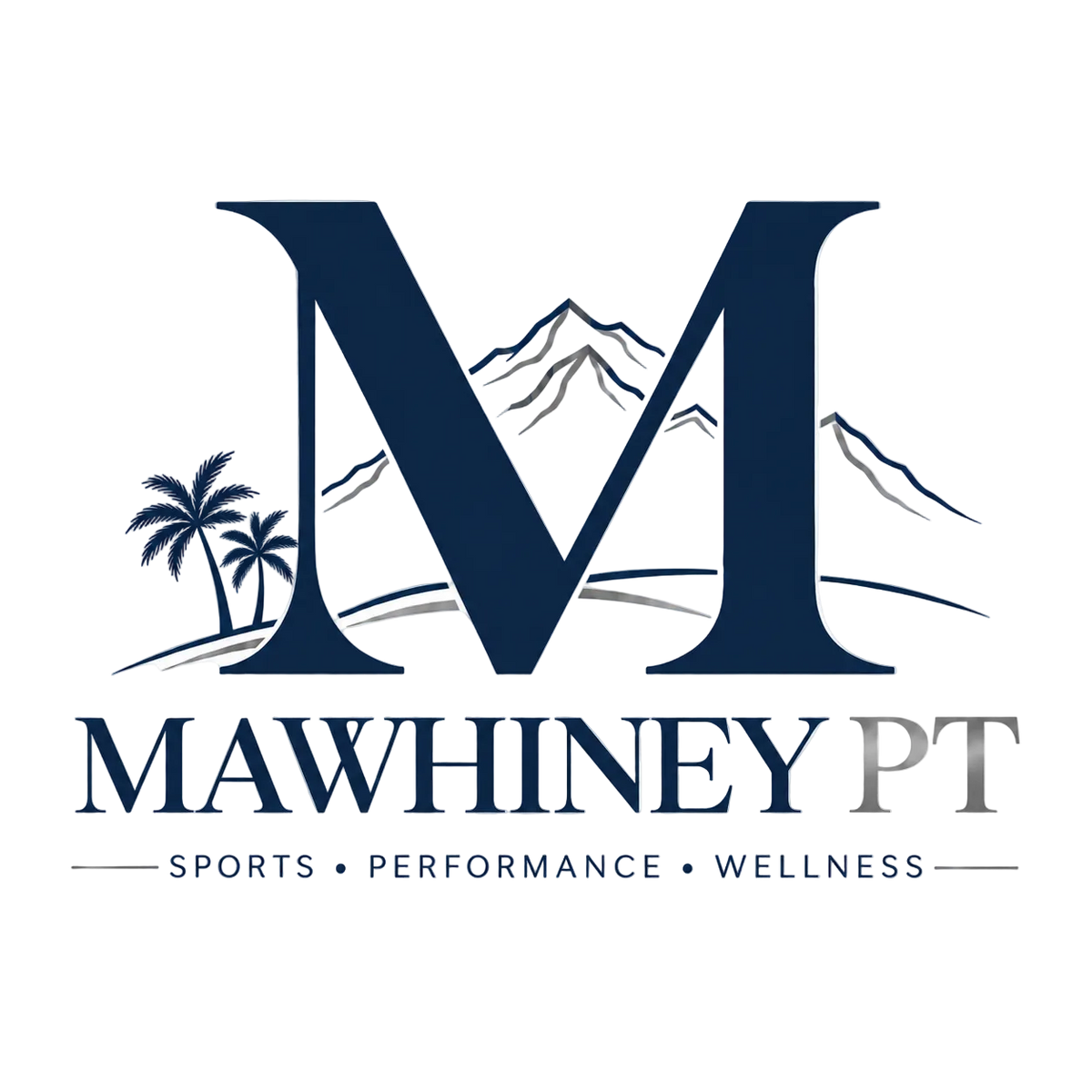 A logo featuring a large navy blue letter M with a mountain and palm tree graphic behind it, above the text 'MAWHINEY PT' and smaller text 'SPORTS • PERFORMANCE • WELLNESS' on a white background.