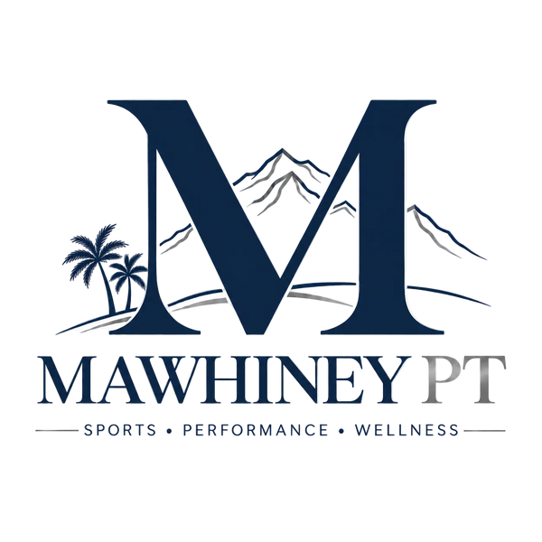 A logo featuring a large navy blue letter M with a mountain and palm tree graphic behind it, above the text 'MAWHINEY PT' and smaller text 'SPORTS • PERFORMANCE • WELLNESS' on a white background.